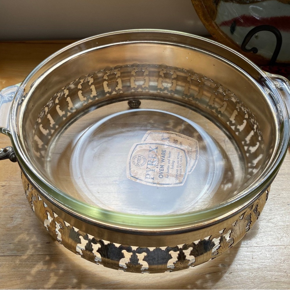 Antique Corning Pyrex Glass Ovenware and Metal Serving Stand Set 1920s
